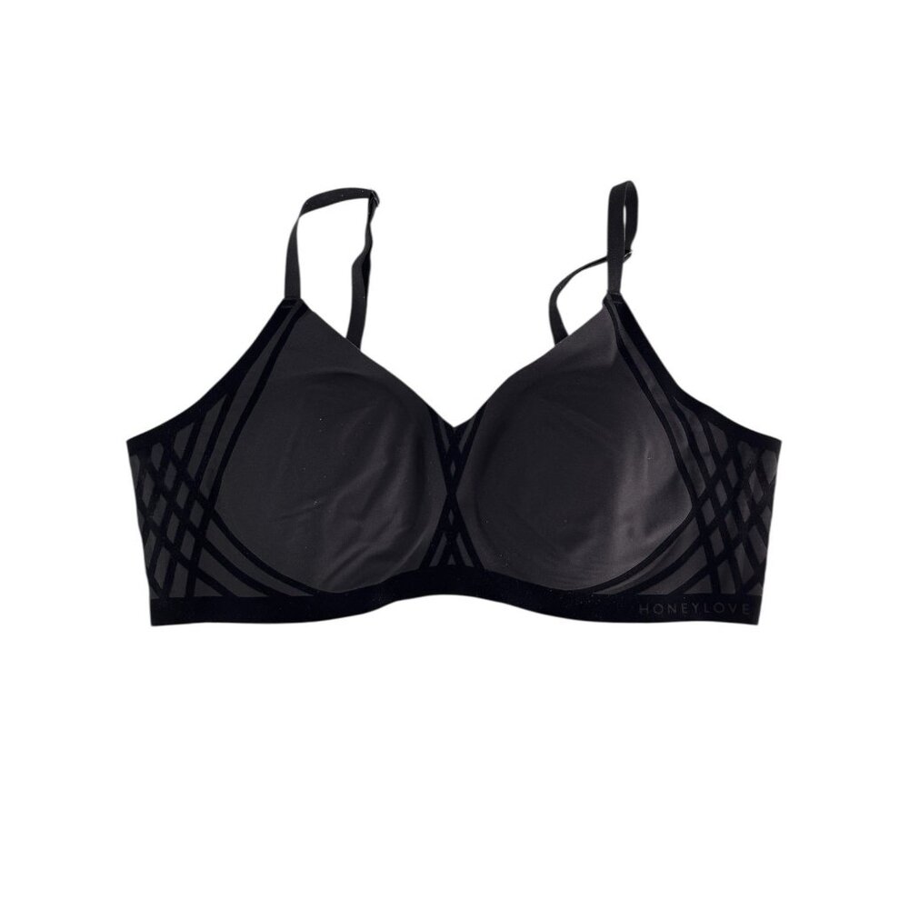 HONEYLOVE Women's Black Wire Free Padded Velvet Pattern Bra Large